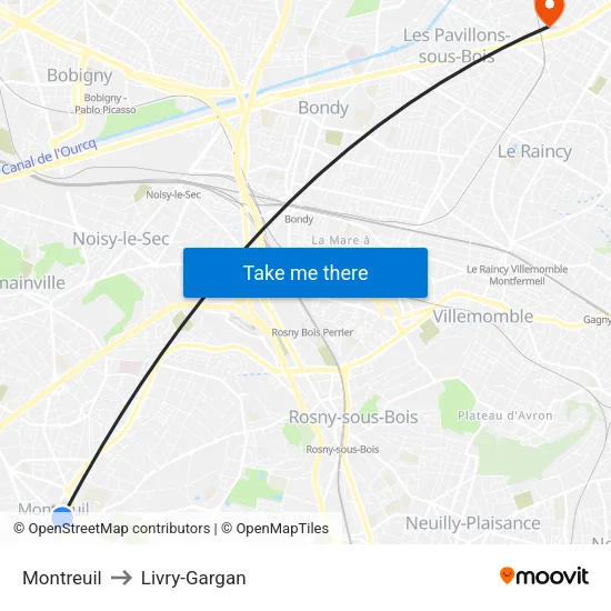 Montreuil to Livry-Gargan map