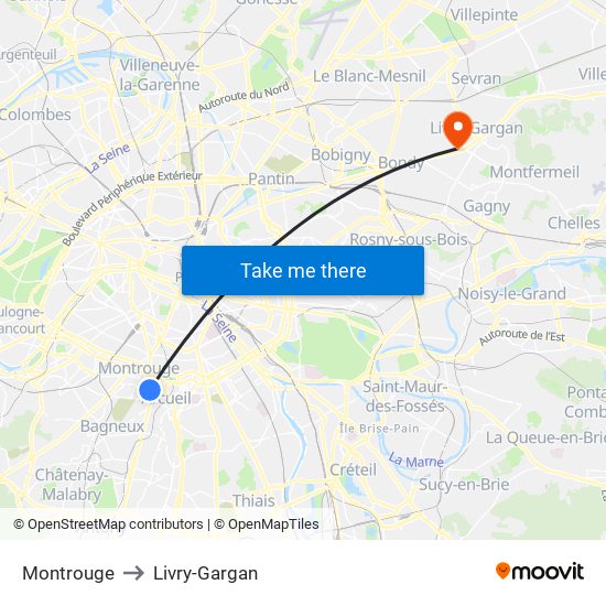 Montrouge to Livry-Gargan map