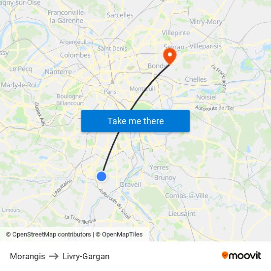 Morangis to Livry-Gargan map