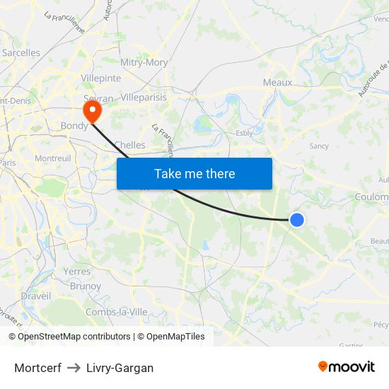 Mortcerf to Livry-Gargan map