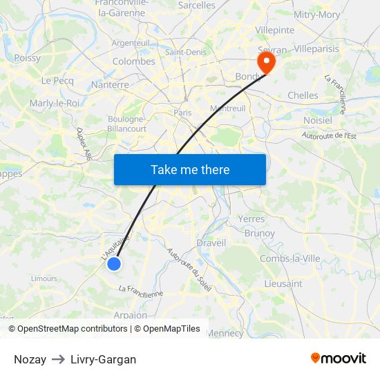 Nozay to Livry-Gargan map