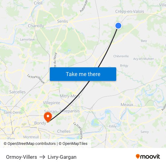 Ormoy-Villers to Livry-Gargan map