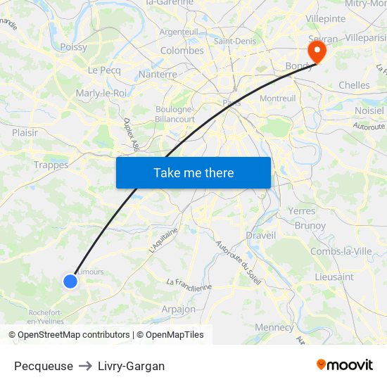 Pecqueuse to Livry-Gargan map
