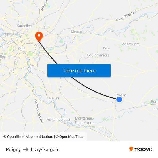 Poigny to Livry-Gargan map