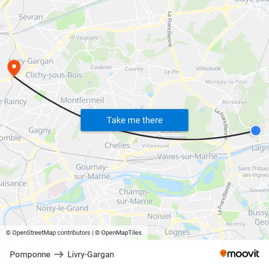 Pomponne to Livry-Gargan map
