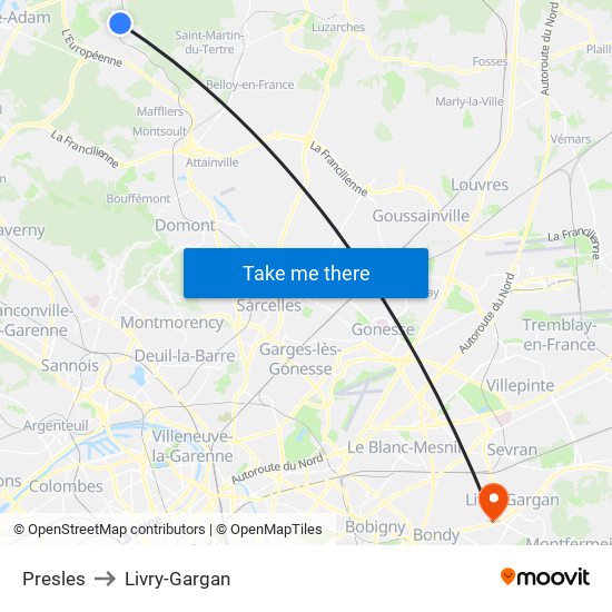 Presles to Livry-Gargan map
