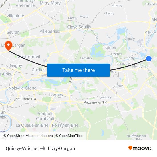 Quincy-Voisins to Livry-Gargan map