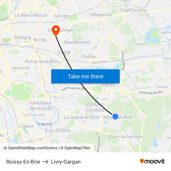 Roissy-En-Brie to Livry-Gargan map