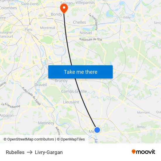 Rubelles to Livry-Gargan map