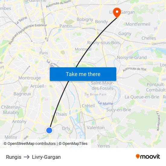 Rungis to Livry-Gargan map