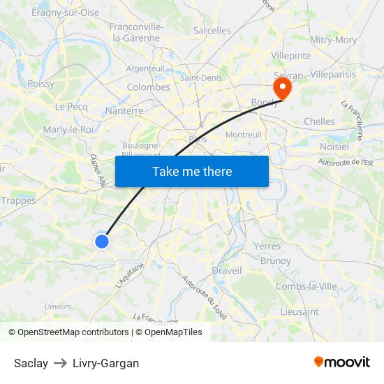 Saclay to Livry-Gargan map
