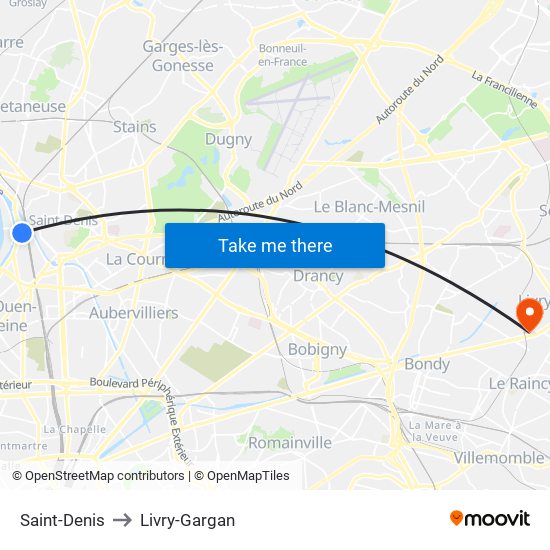 Saint-Denis to Livry-Gargan map