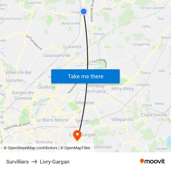 Survilliers to Livry-Gargan map