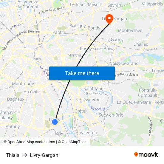 Thiais to Livry-Gargan map