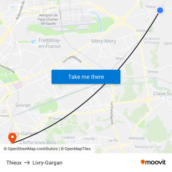 Thieux to Livry-Gargan map