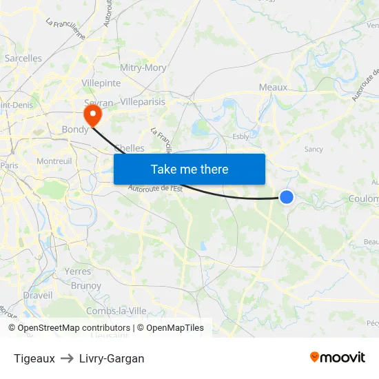 Tigeaux to Livry-Gargan map