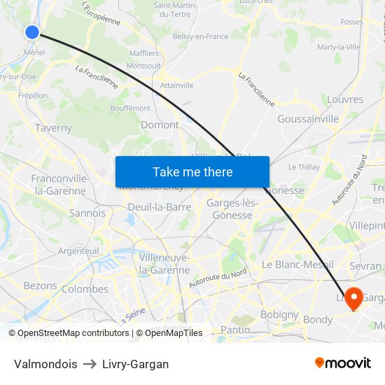 Valmondois to Livry-Gargan map