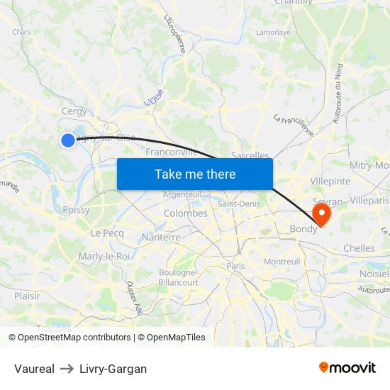 Vaureal to Livry-Gargan map