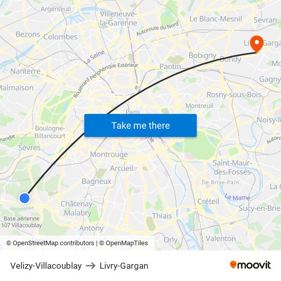 Velizy-Villacoublay to Livry-Gargan map