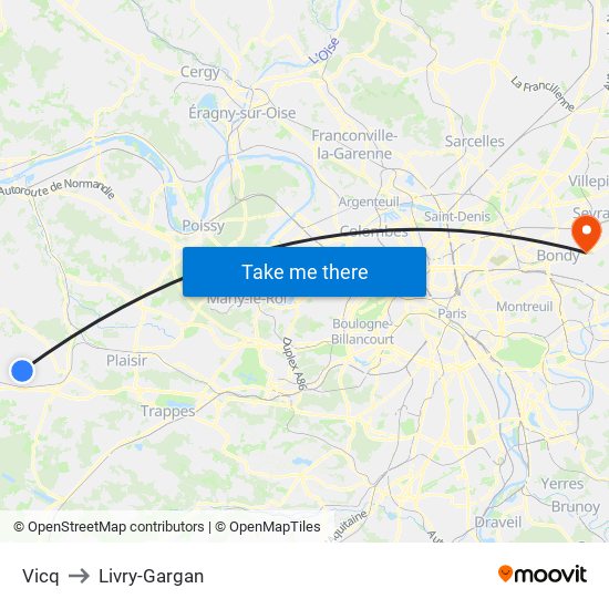 Vicq to Livry-Gargan map