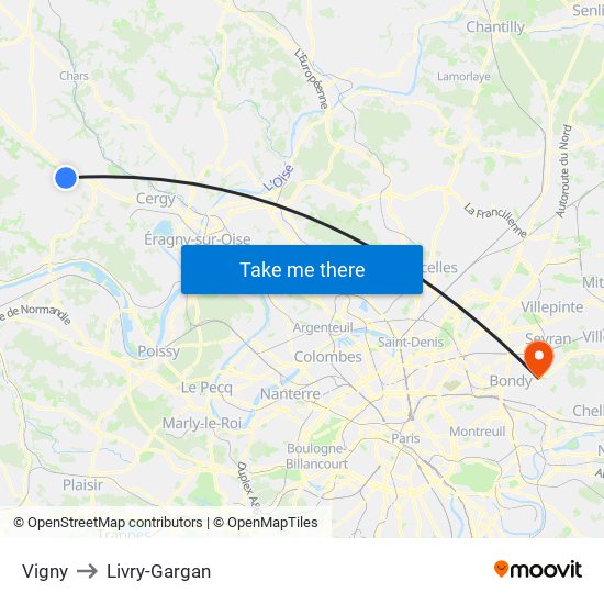 Vigny to Livry-Gargan map