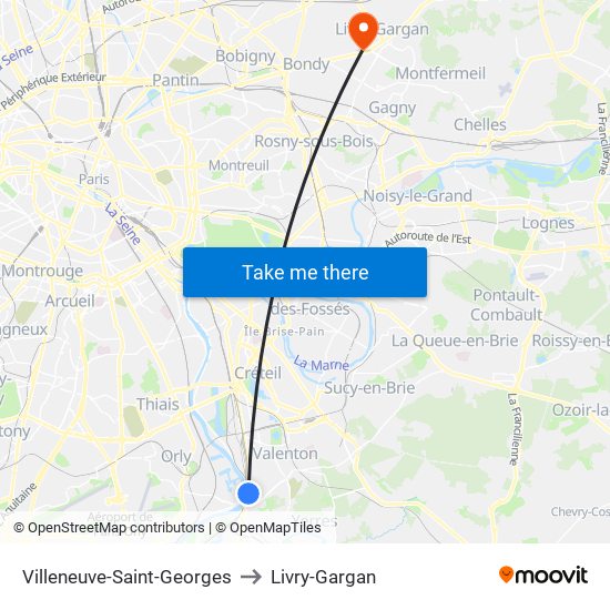 Villeneuve-Saint-Georges to Livry-Gargan map