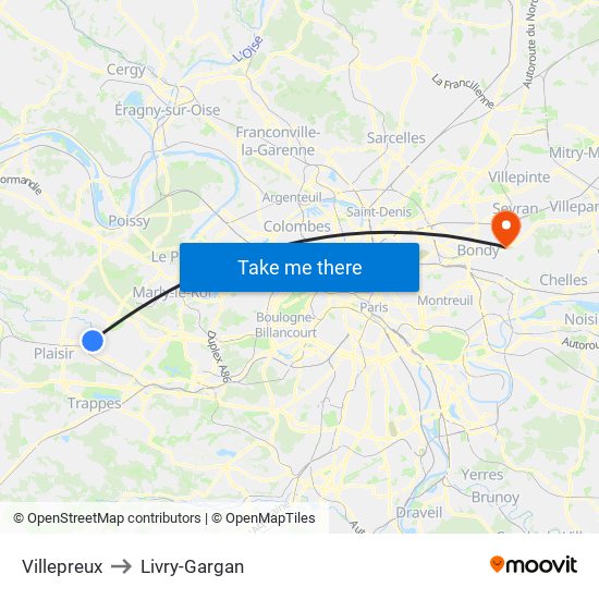 Villepreux to Livry-Gargan map
