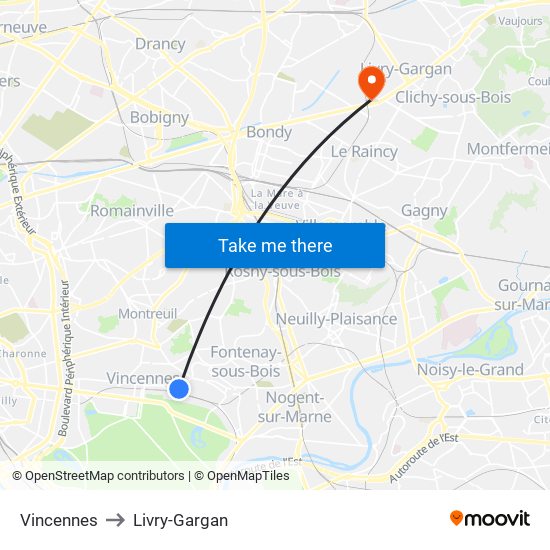 Vincennes to Livry-Gargan map