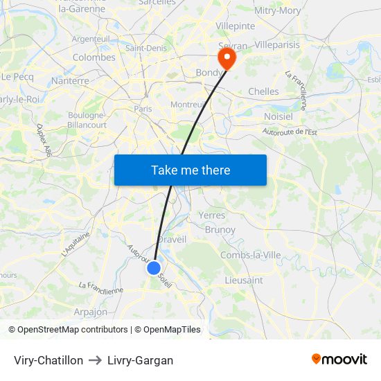 Viry-Chatillon to Livry-Gargan map