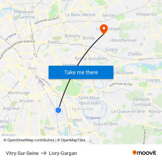 Vitry-Sur-Seine to Livry-Gargan map