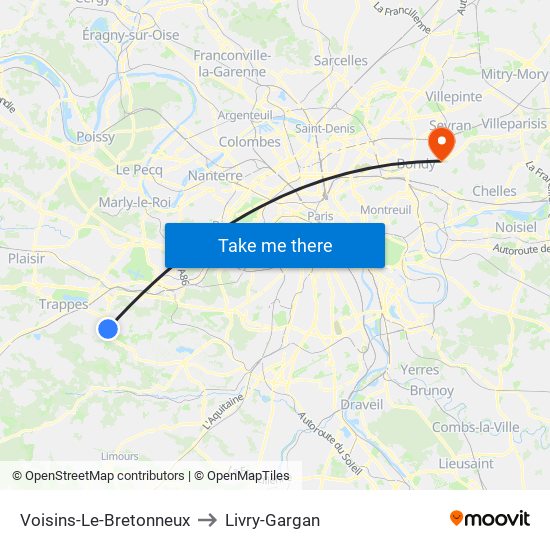 Voisins-Le-Bretonneux to Livry-Gargan map