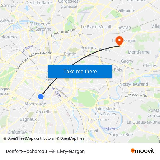 Denfert-Rochereau to Livry-Gargan map
