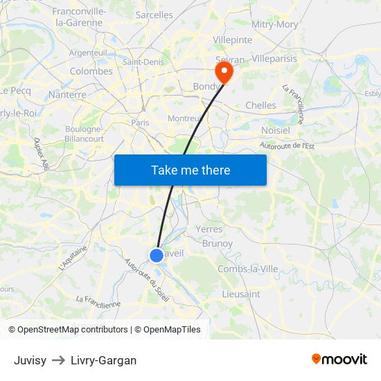 Juvisy to Livry-Gargan map