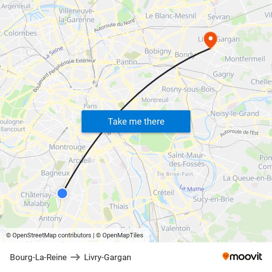 Bourg-La-Reine to Livry-Gargan map