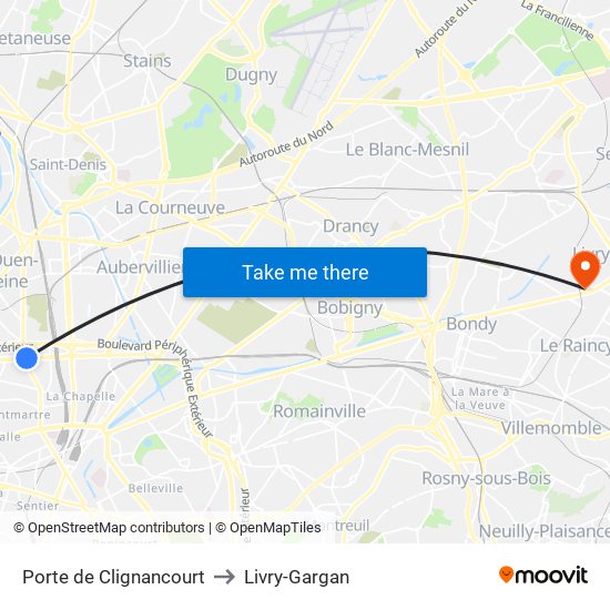 Porte de Clignancourt to Livry-Gargan map