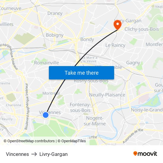 Vincennes to Livry-Gargan map