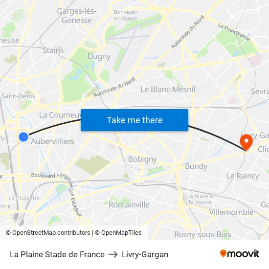 La Plaine Stade de France to Livry-Gargan map