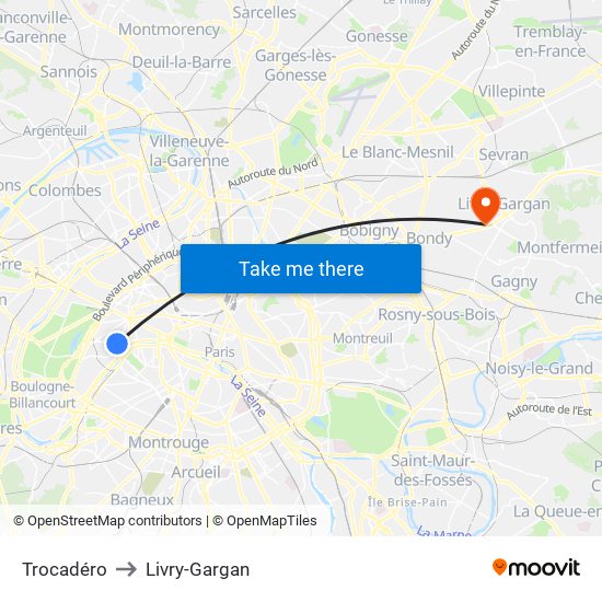 Trocadéro to Livry-Gargan map
