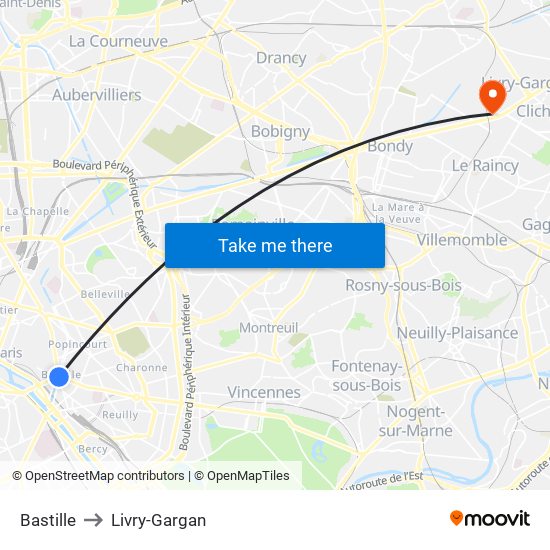 Bastille to Livry-Gargan map