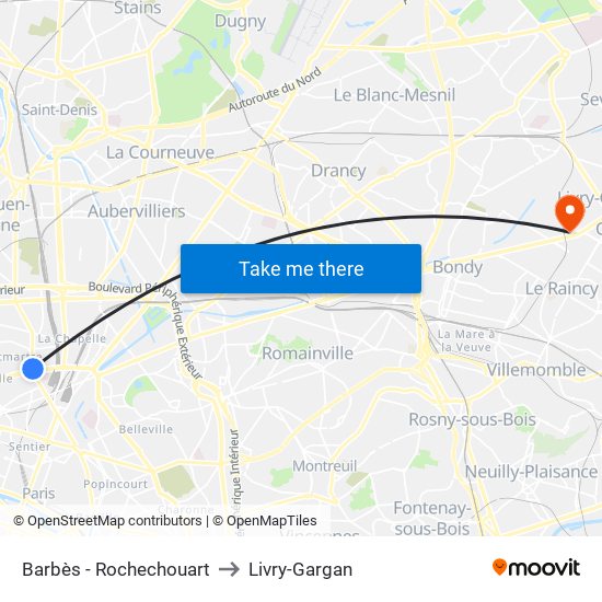 Barbès - Rochechouart to Livry-Gargan map