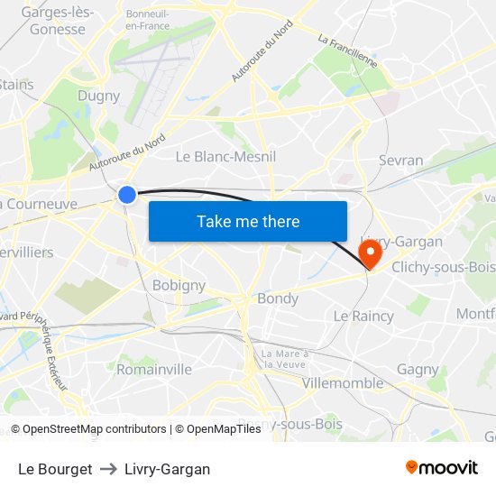 Le Bourget to Livry-Gargan map
