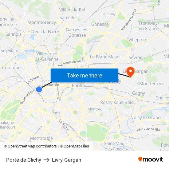 Porte de Clichy to Livry-Gargan map