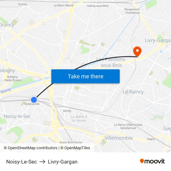 Noisy-Le-Sec to Livry-Gargan map