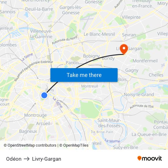Odéon to Livry-Gargan map