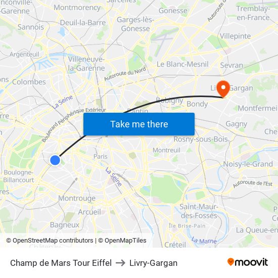 Champ de Mars Tour Eiffel to Livry-Gargan map