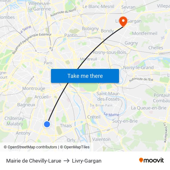 Mairie de Chevilly-Larue to Livry-Gargan map