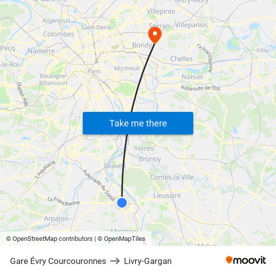Gare Évry Courcouronnes to Livry-Gargan map