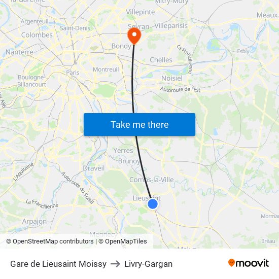 Gare de Lieusaint Moissy to Livry-Gargan map