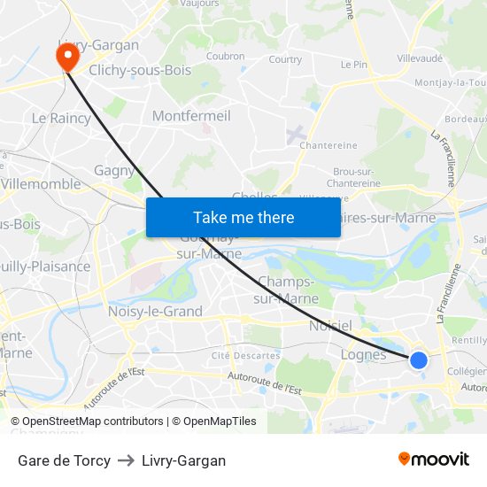 Gare de Torcy to Livry-Gargan map