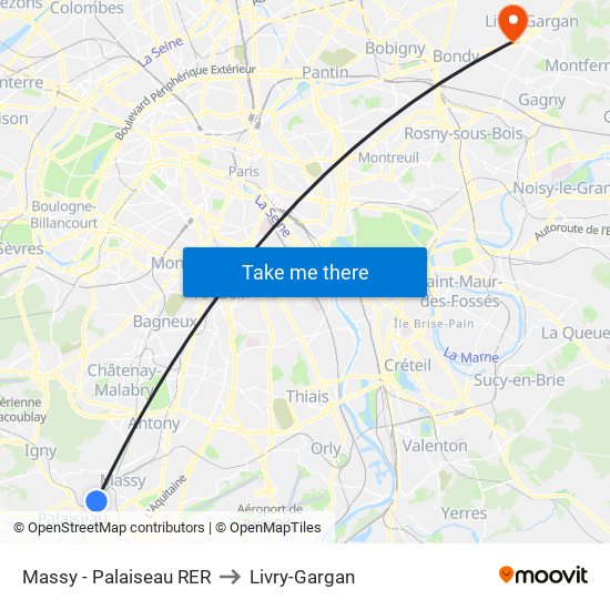 Massy - Palaiseau RER to Livry-Gargan map